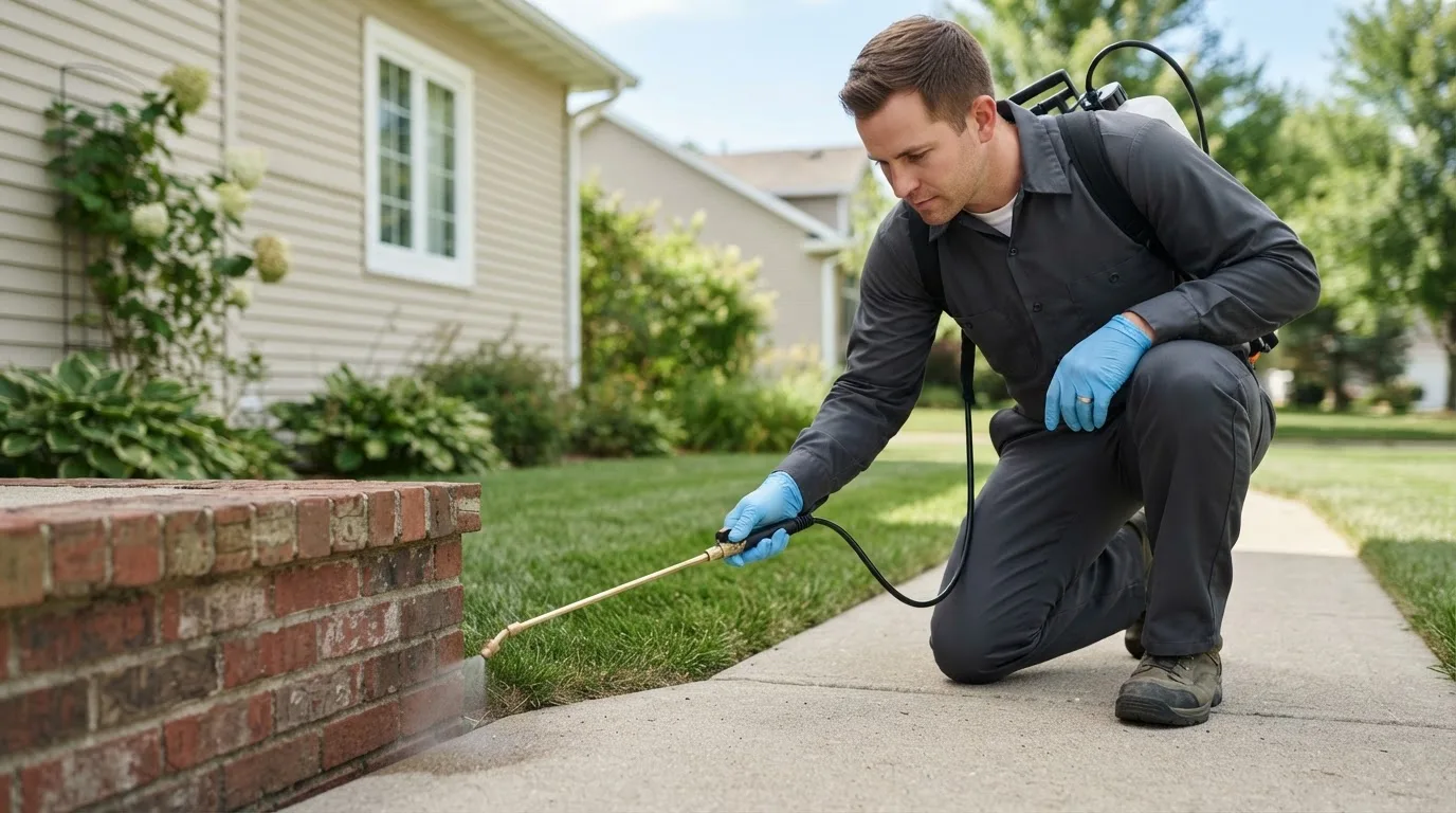 Pest control technician treating a home near China Village, ME