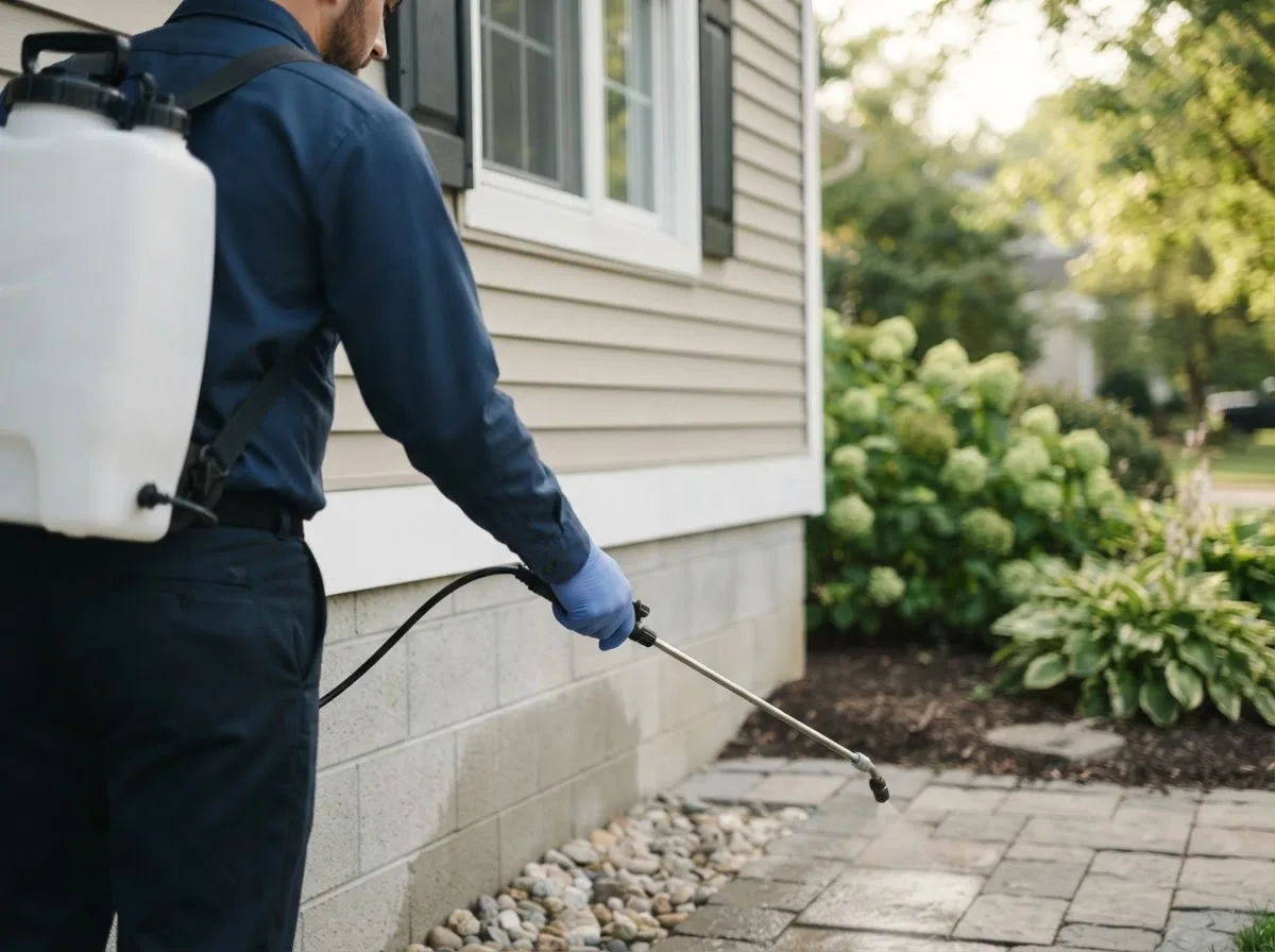 Pest control technician inspecting a home in China Village, ME